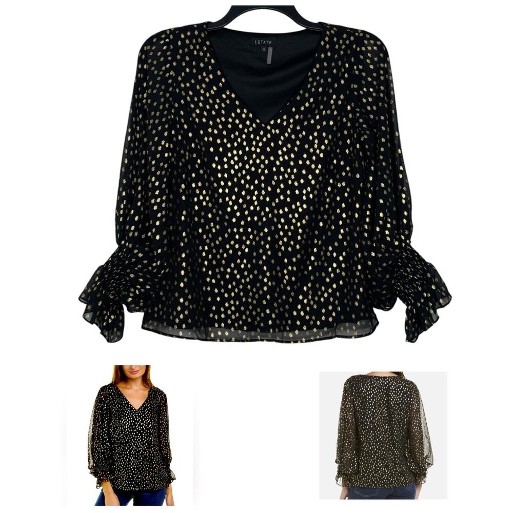 1.STATE Blouse Small Black Gold Foil Dots Balloon Sleeve Long Sleeve Womens